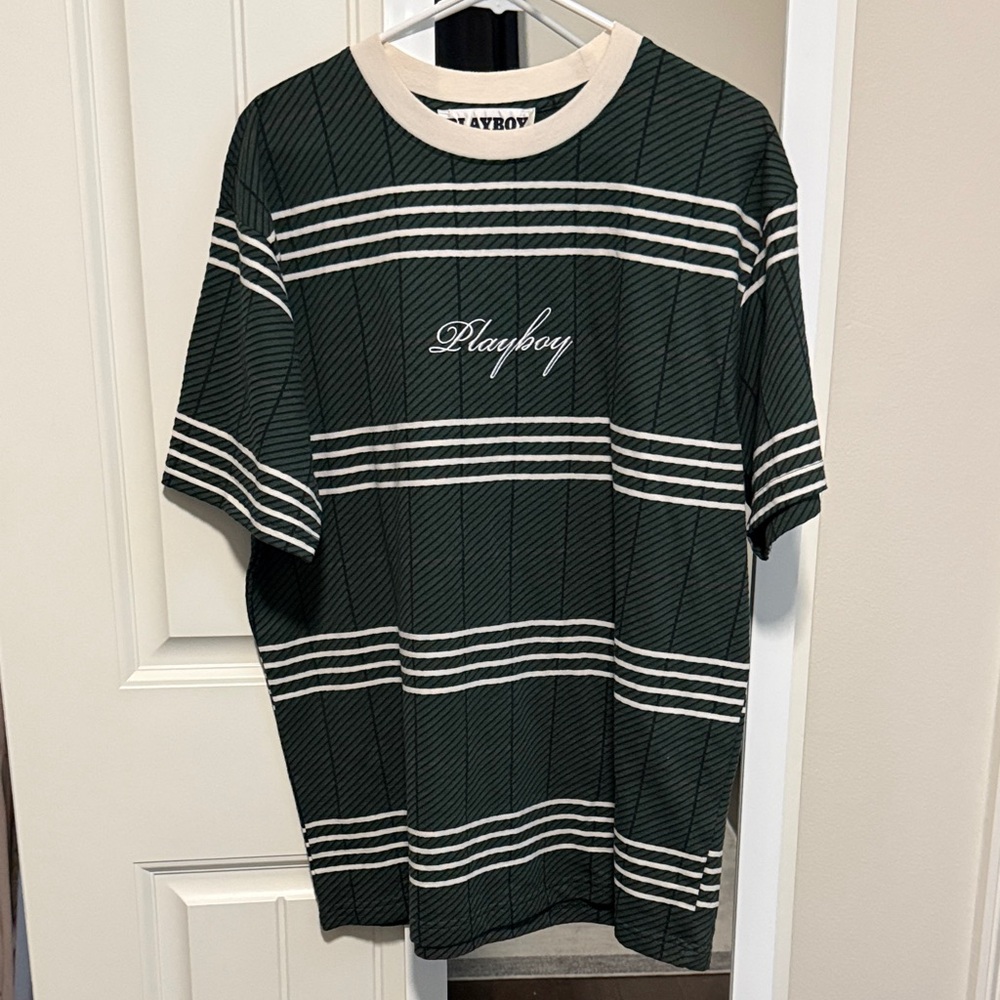 PLAYBOY Dark Green and White Striped Tee